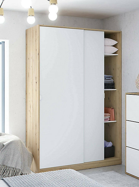 Armoire Waterbury, Armoire de chambre avec 2 portes, Armoire avec 3 Etageres et tringle à vêtements, 120x50h200 cm, Blanc et Chêne
