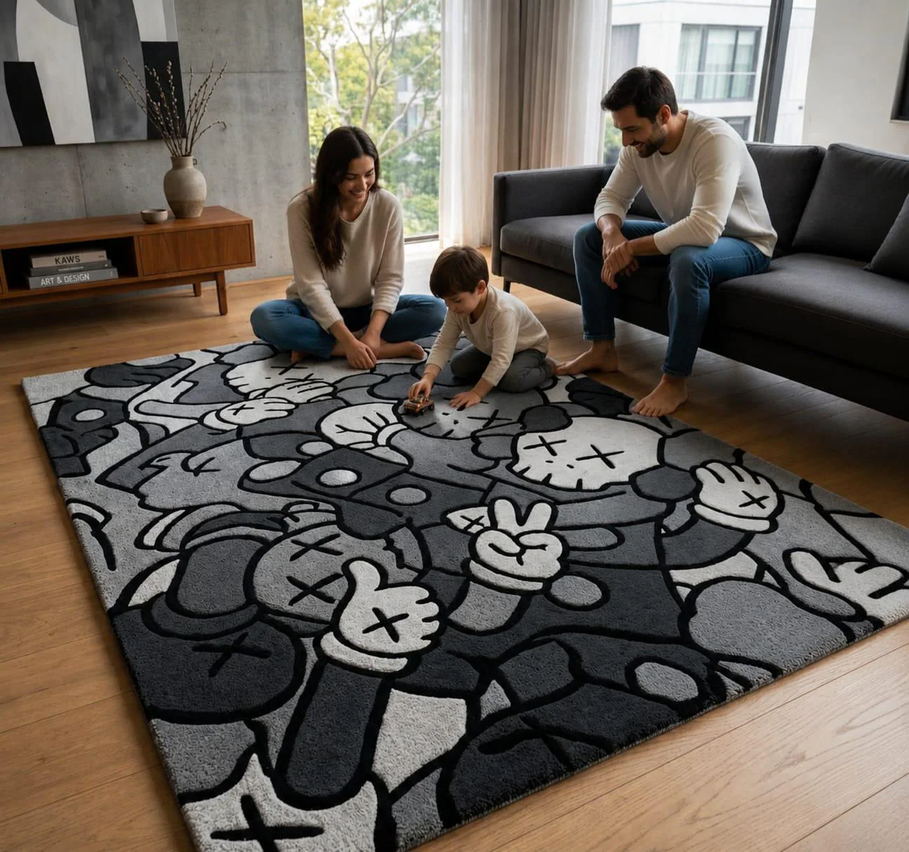 Modern Cartoon Area Rug, Black Gray Graphic Art Floor Carpet, Monochrome Designer Kids Playroom Living Room Rug, 3x5, 5x7, 6x9 Feet