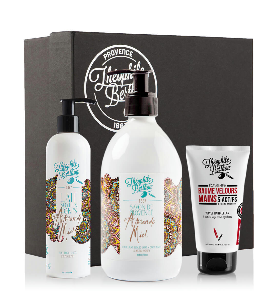 GOURMANDISE - Coffret baume main lait corps et savon douche parfum amande miel