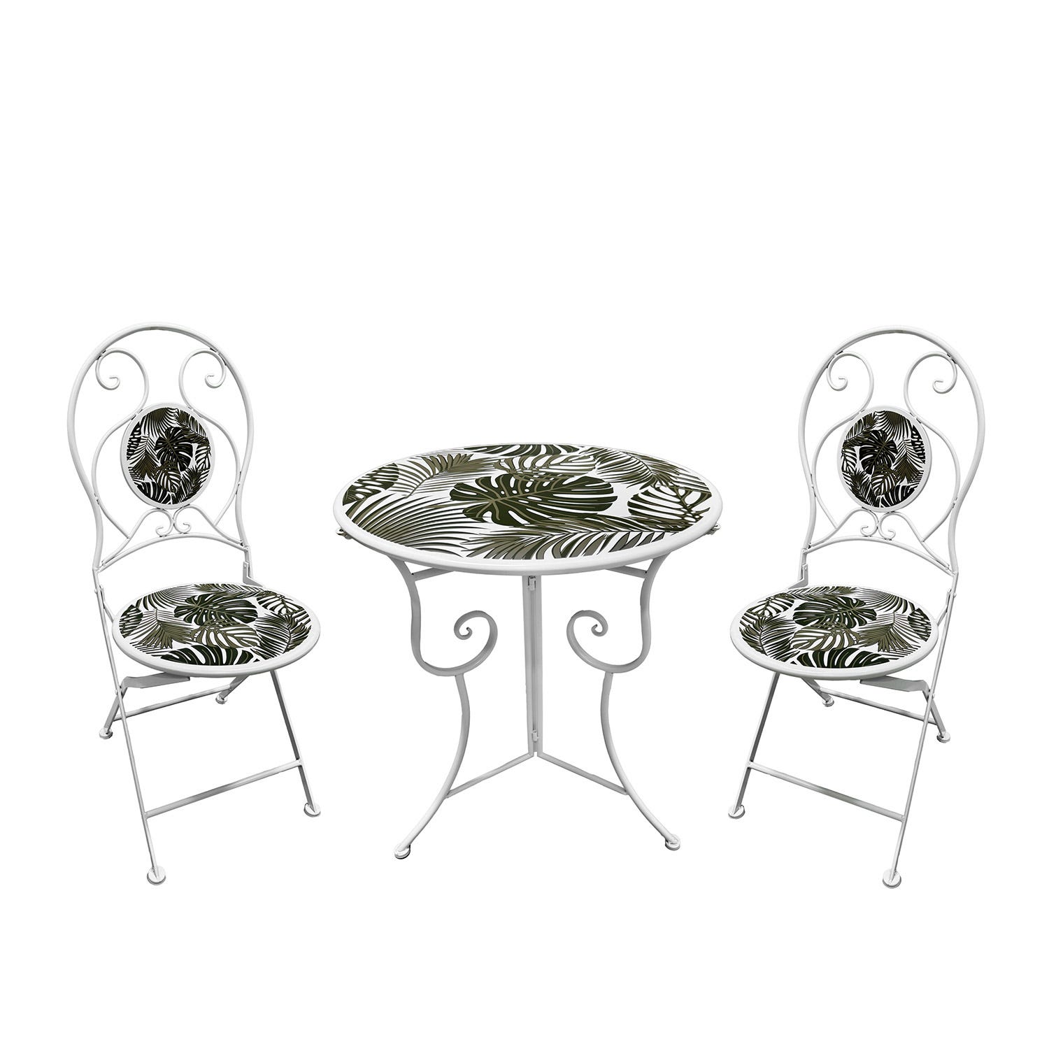 Set tavolo giardino e 2 sedie decoro foglia ferro