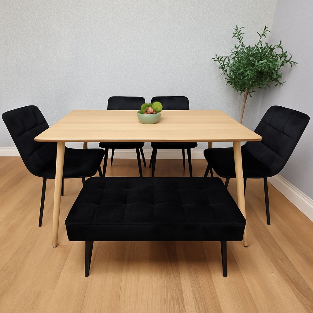 KOSY KOALA Wooden Dining Table Set With 4 Black Velvet Chairs And 1 Bench Set