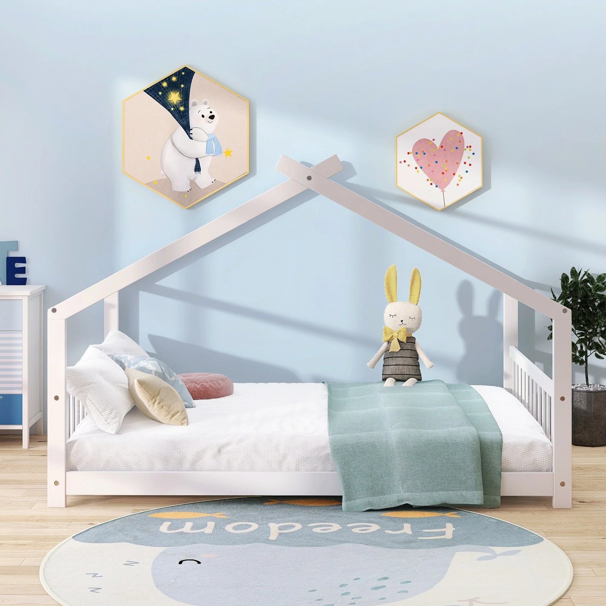 Full Size Kids' House-Style Bed with Sturdy Pinewood Frame and Playful Roof Design, White Finish