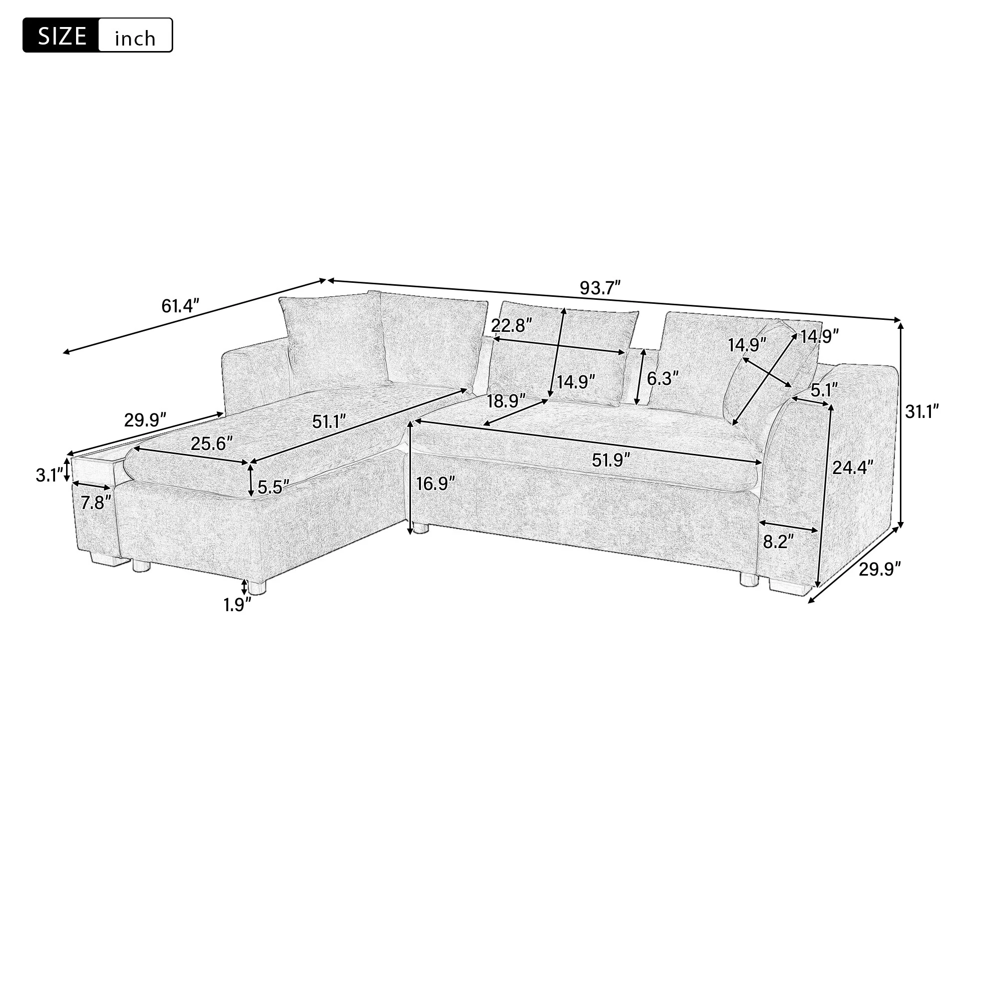 Sectional Sofa 93.7 L-shaped Sofa Upholstered Sofa Couch with wooden Storage Compartment for Living Room