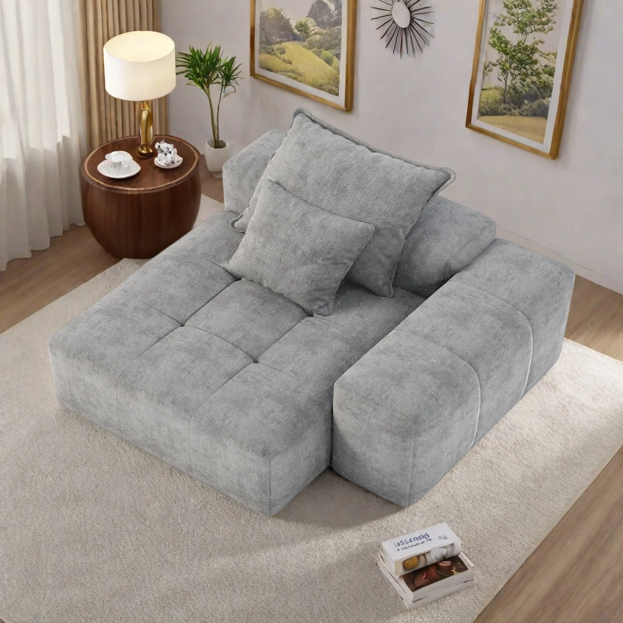 56.7 Foam 2-Seater Sofa Block Sofa with 2 Pillows for Living Room and Bedroom