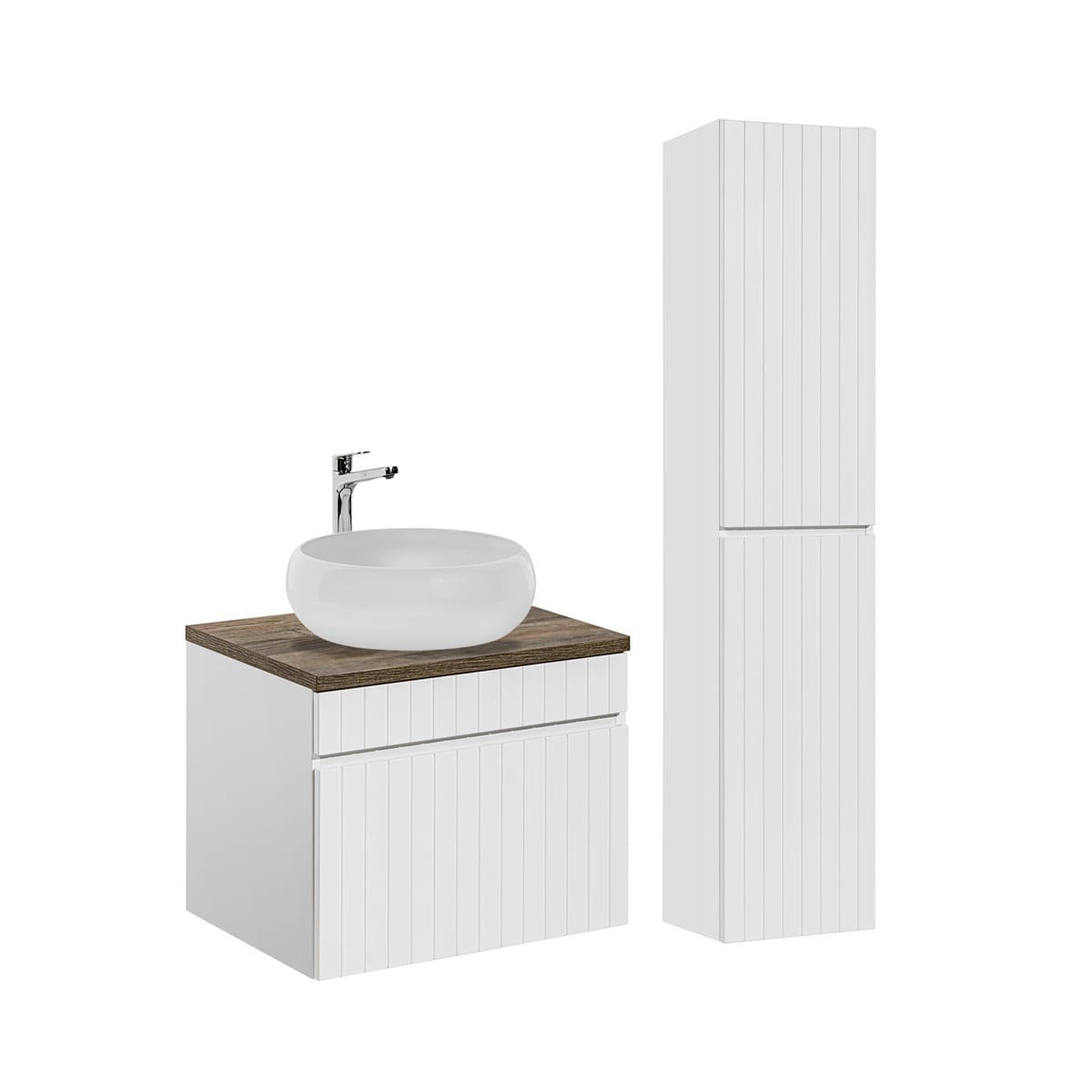 - Ensemble meuble simple vasque ronde 60cm et colonne stratifiés blanc