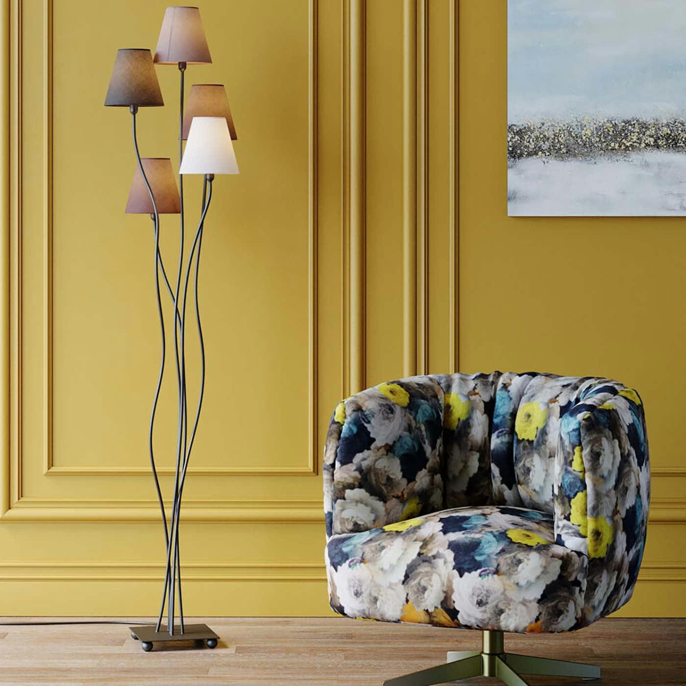 FLEXIBLE - Lampadaire en acier noir 5 abat-jours en coton marron H163