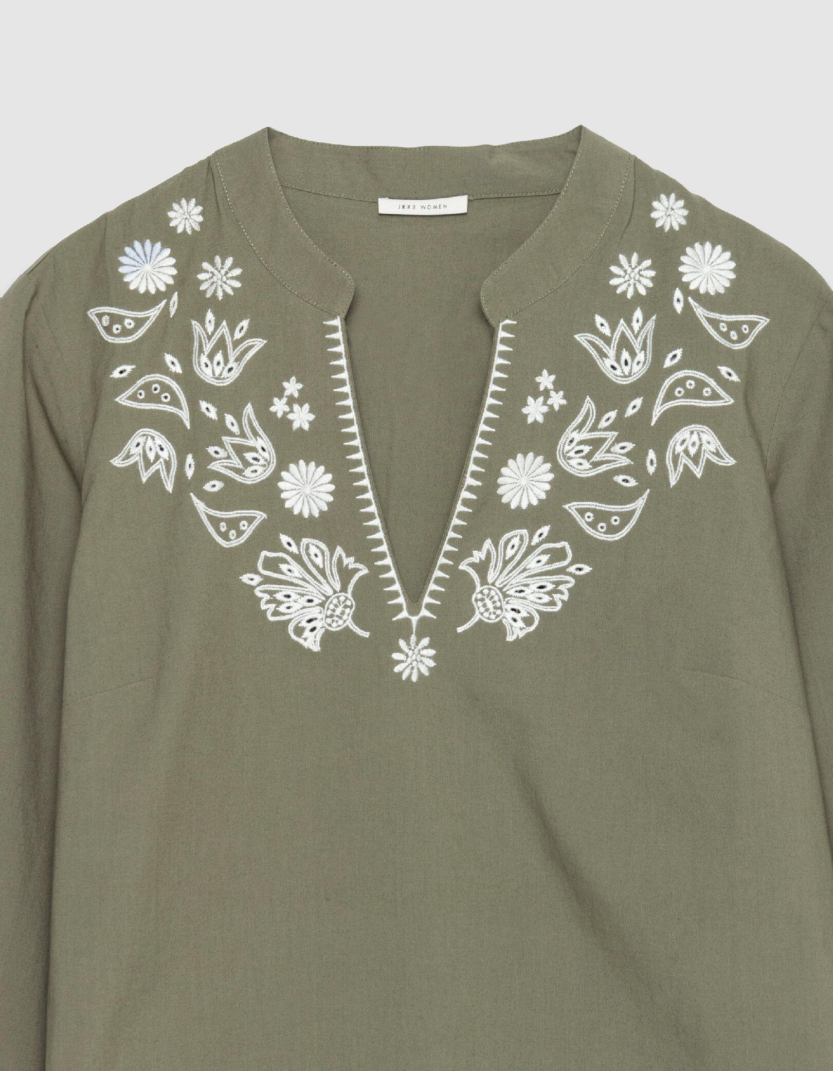 Blouse kaki coton bio broderies plastron Femme