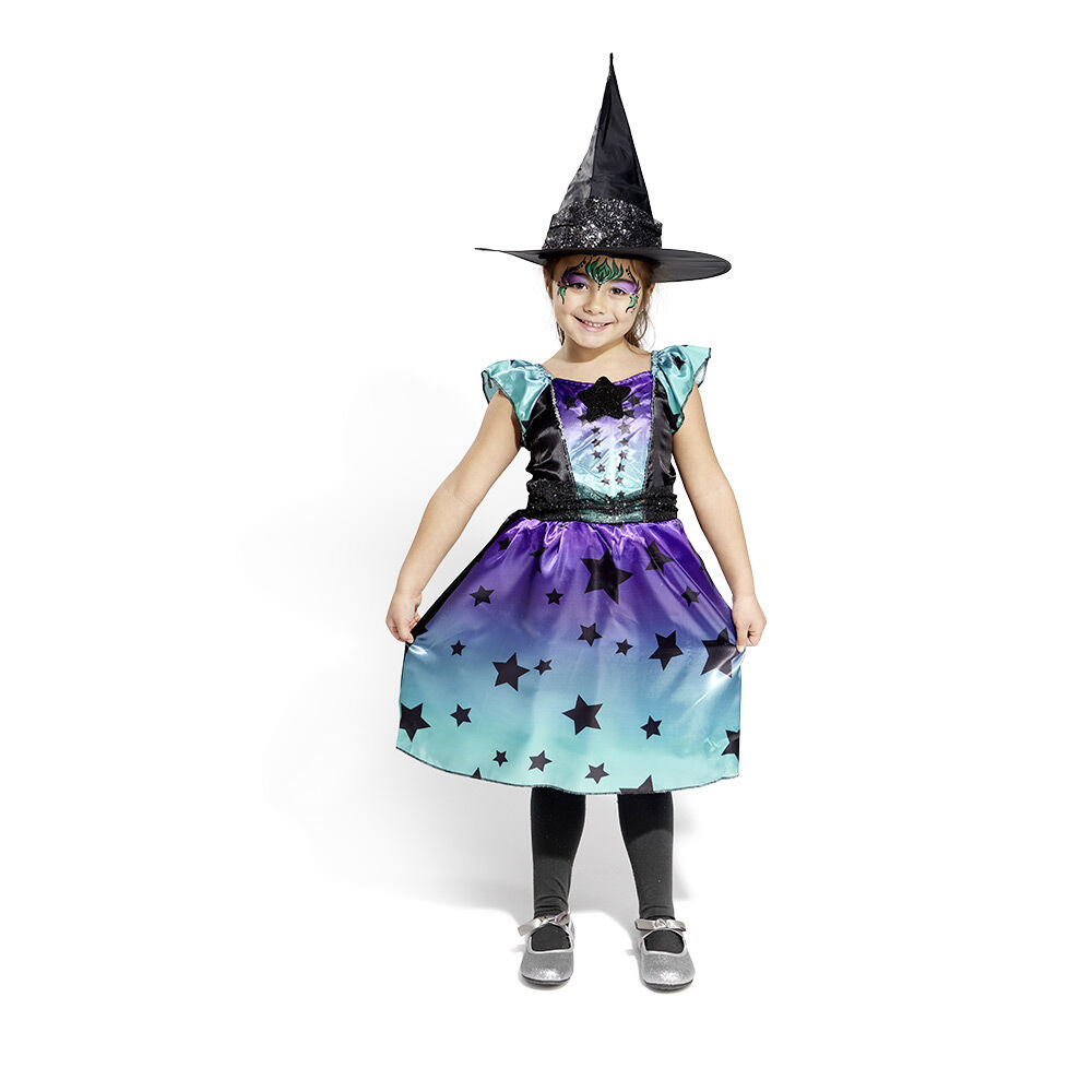 Déguisement enfant Halloween sorcière robe noir bleu violet 7/10 ans