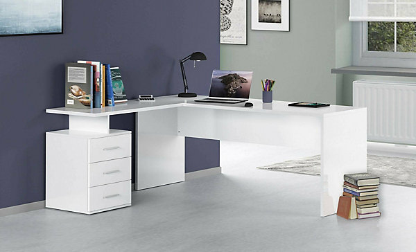 Bureau Dguarin, Bureau d'angle PC, Table de bureau polyvalente, Bureau gain de place multi-positions, 160x60h75 cm, Blanc brillant
