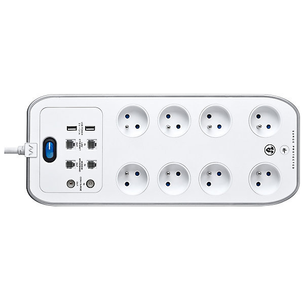 Multiprise 8 prises parafoudre USB 2m blanc