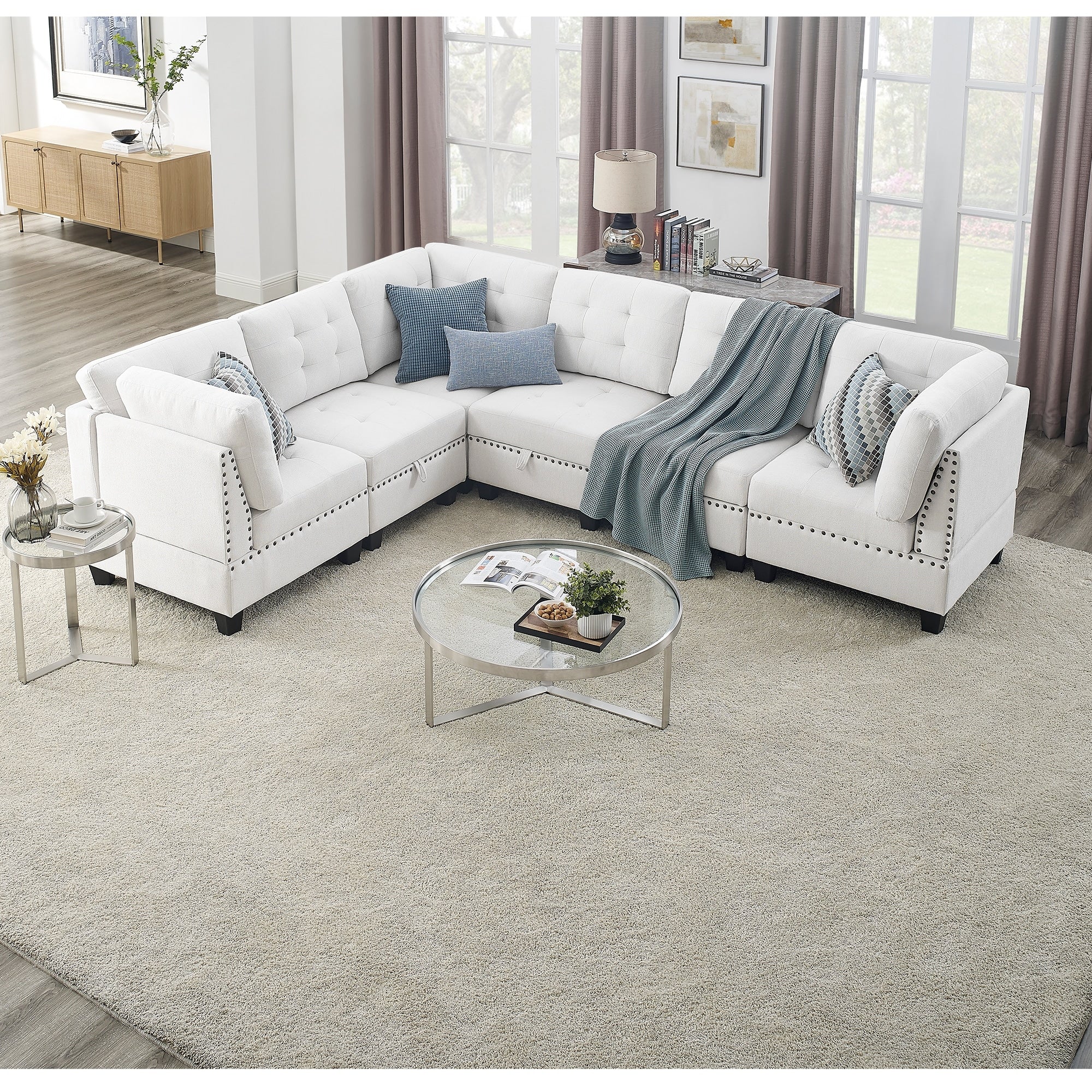 116 Chenille U-Shaped 6-Seat Sofa Set with Hidden Storage