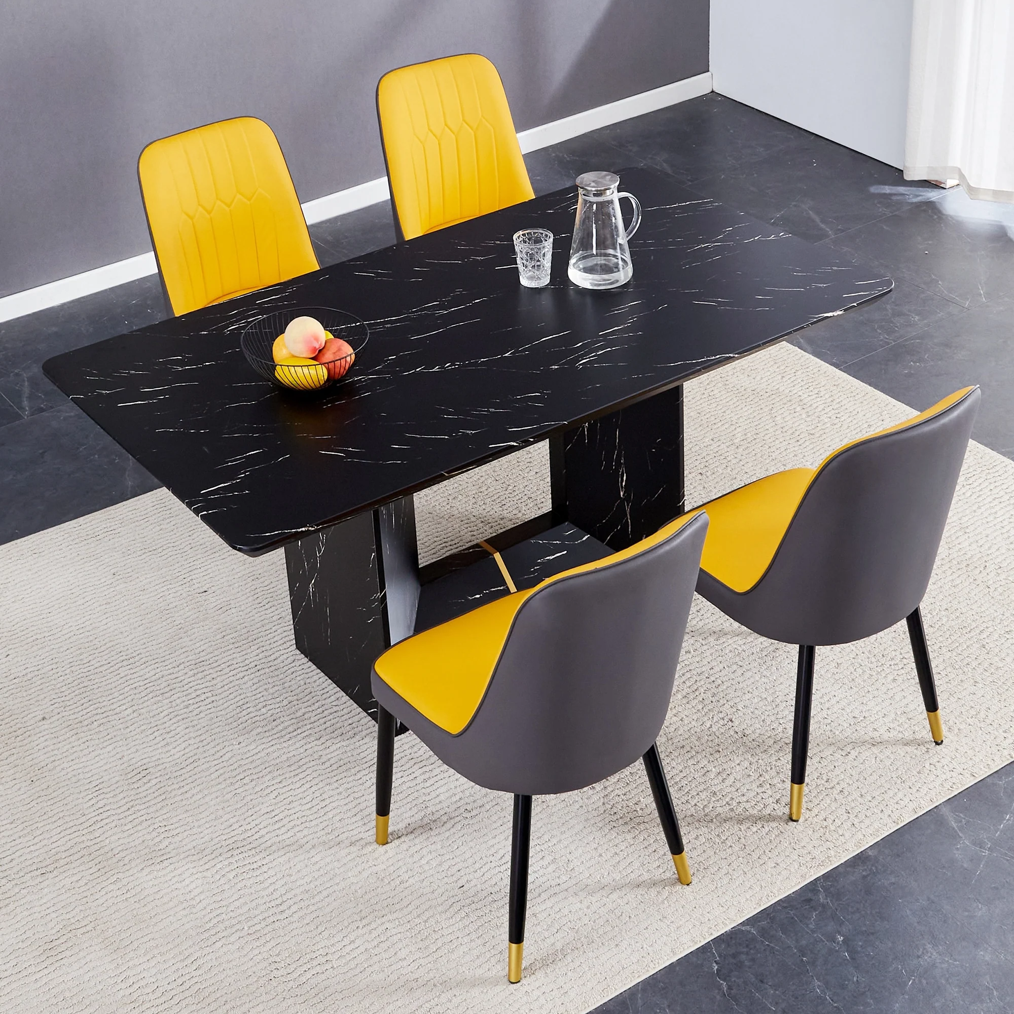Modern Style Marble Texture Dining Table Set with U-Shaped Base and PU Upholstered Chairs