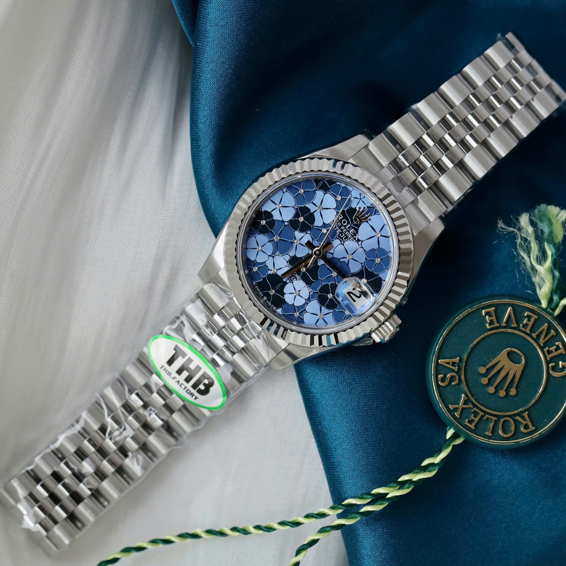 Rolex Datejust 316L Steel Flower Blue Dial CZ Diamonds 31mm Jub THBF Replica
