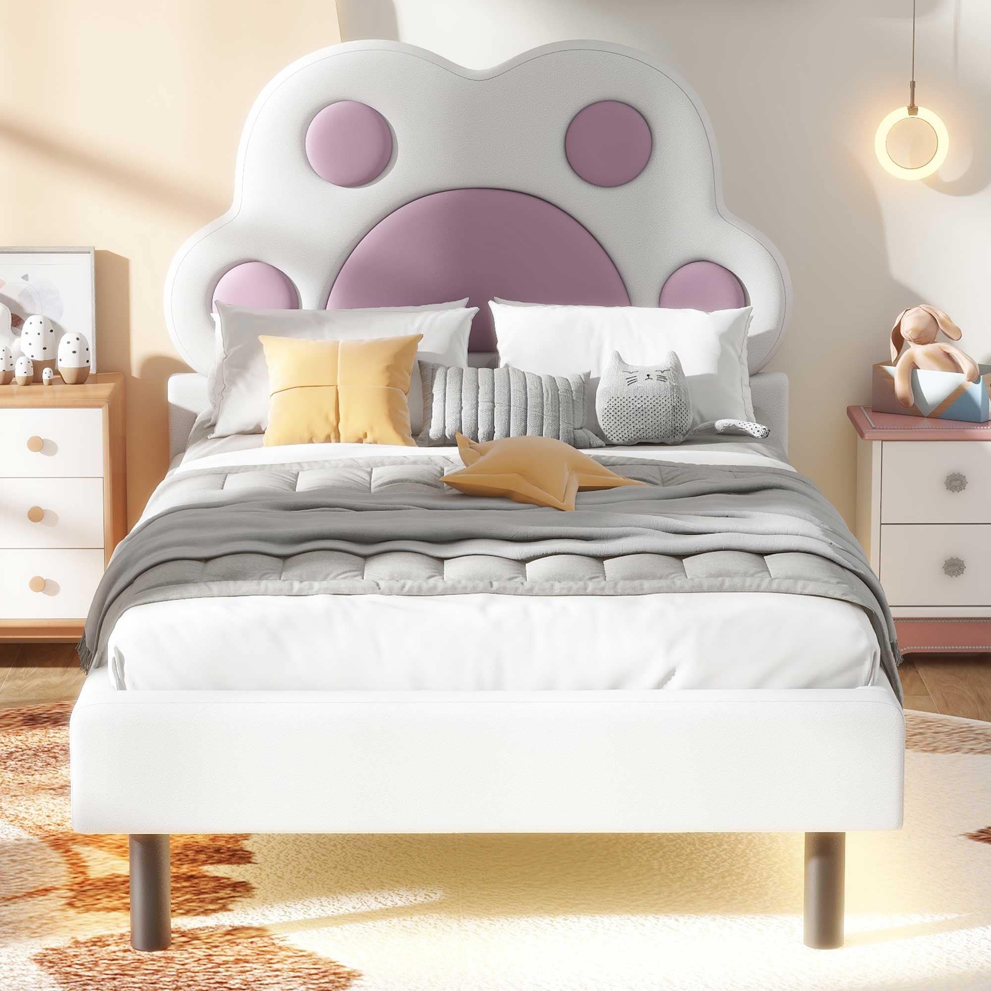 Cute Paw-Shaped Twin Platform Bed with LED Light and Upholstered Headboard