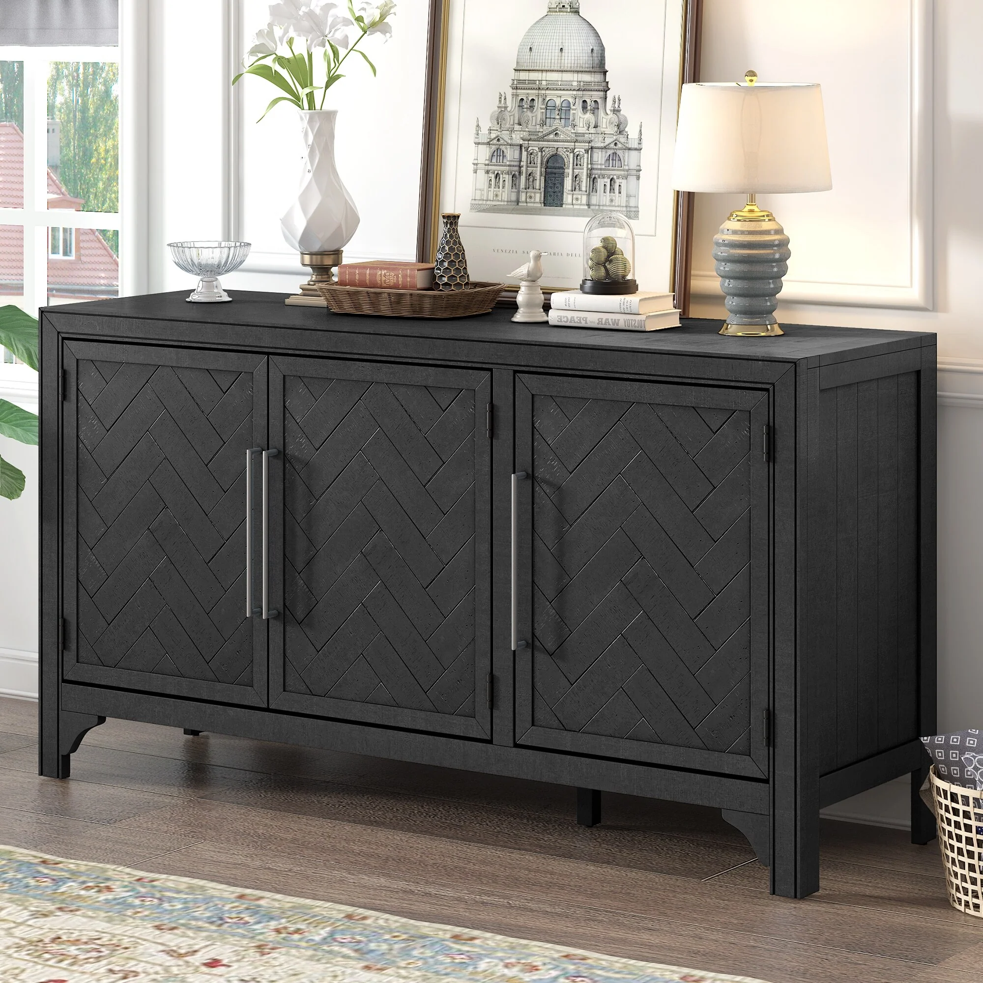 Designed Storage Cabinet Sideboard with MDF+Pine veneer , Adjustable Shelves, Suitable for Living Rooms