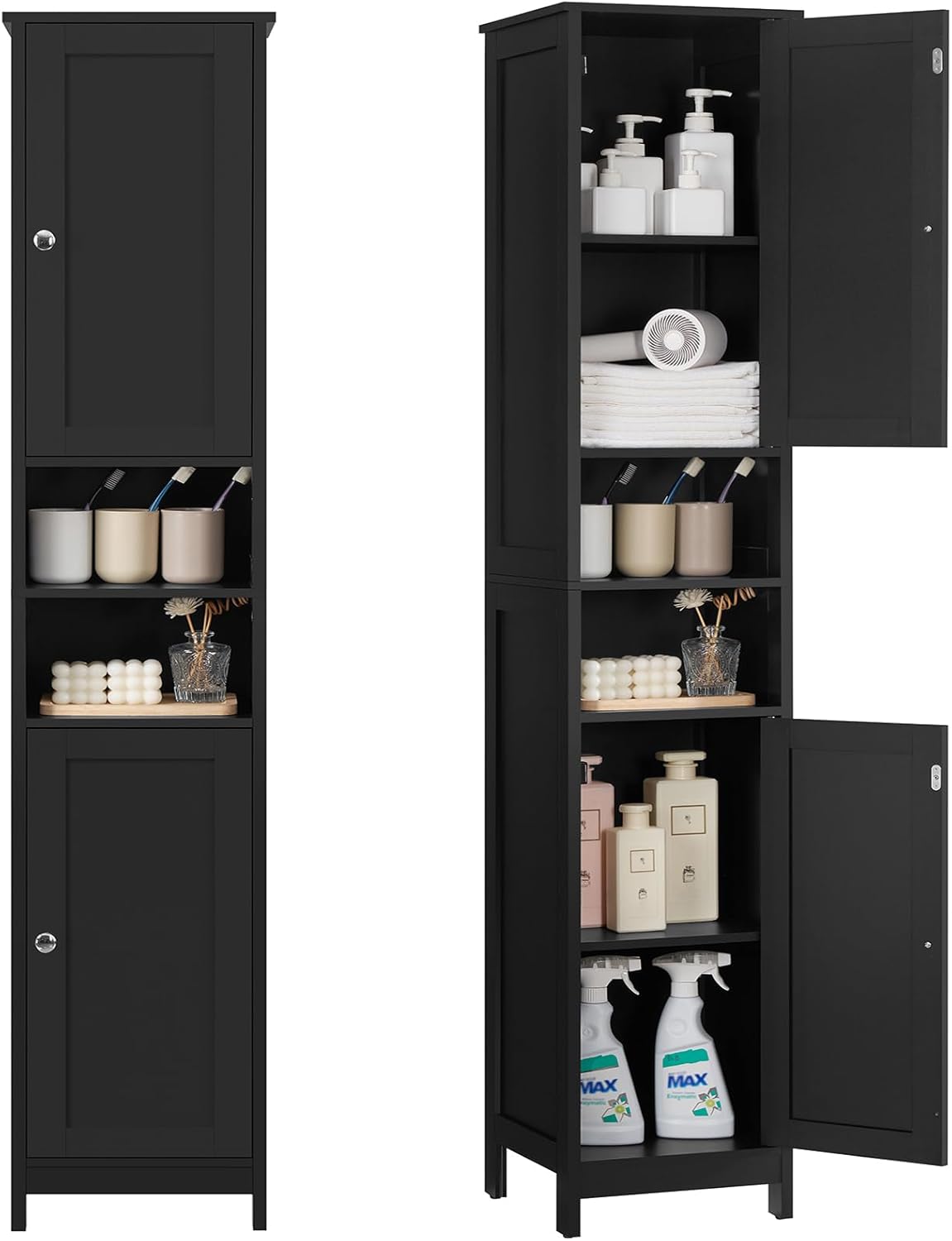 TEENFON 67 Tall Bathroom Cabinet with Adjustable Shelves and Doors, Narrow Bathroom Storage Cabinet for Small Space, Living Room, Entryway, Kitchen, Black