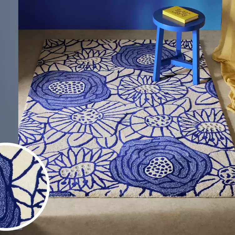Habitat Scandi Floral Blue Wool Cut Pile Rug - 120x170cm