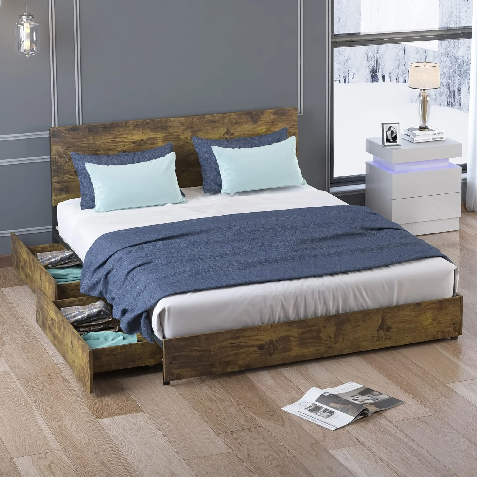 Mixoy Bed Frame with 4 Storage Drawers | Rustic Wooden Headboard | No Box Spring Needed Platform Bed | Funiture for Bedroom