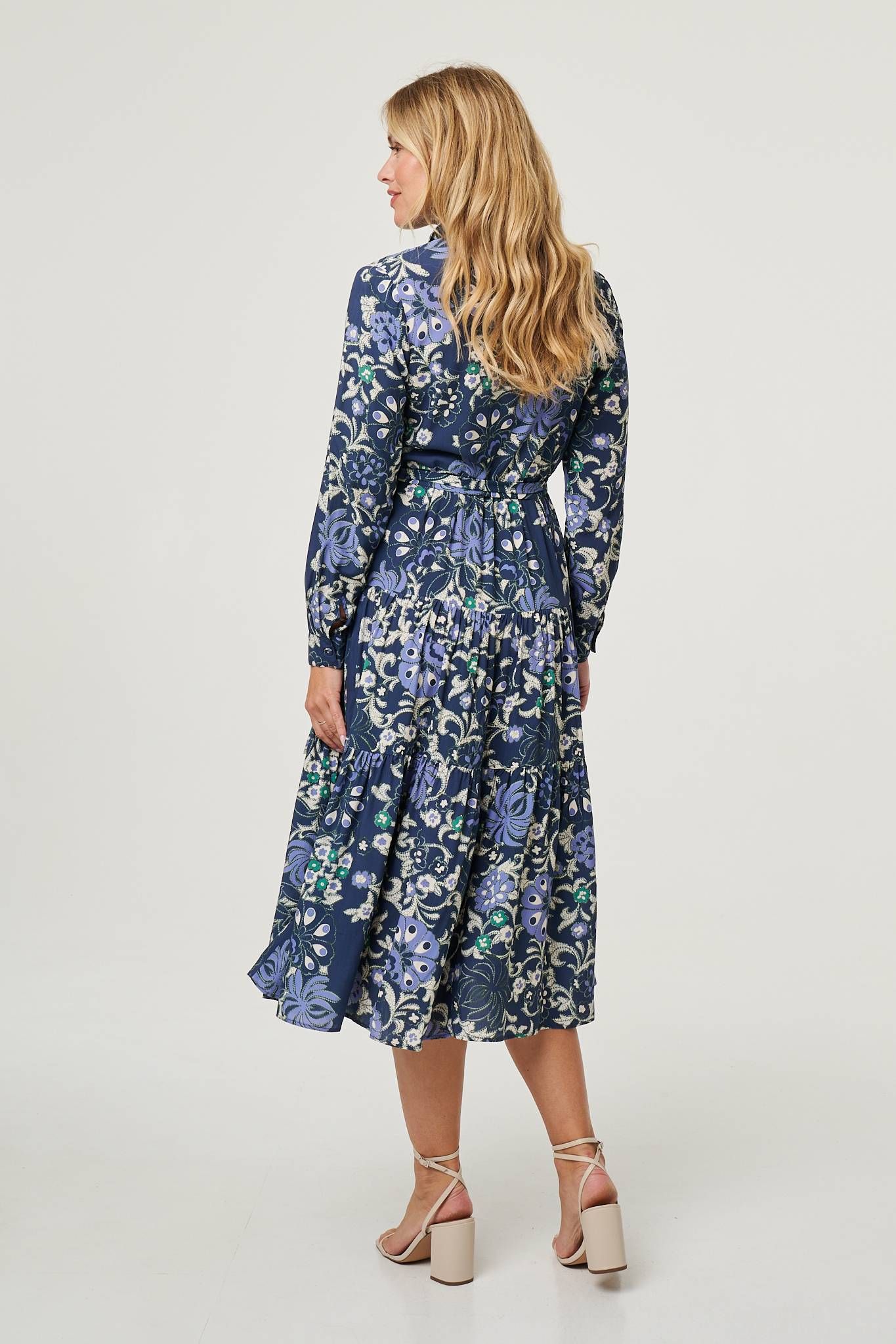 Izabel London Floral Tie Waist Tiered Midi Dress