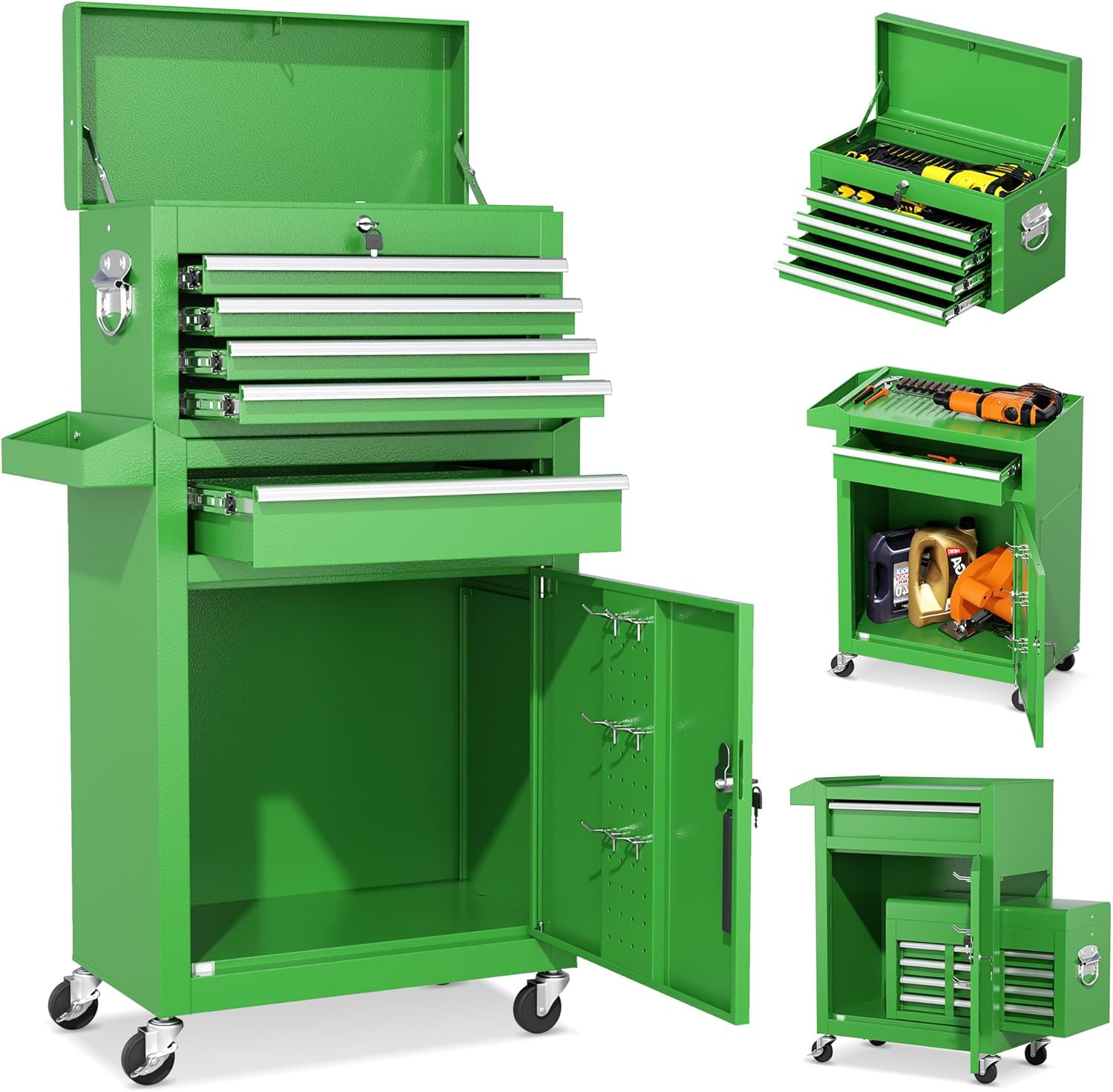 INTERGREAT Tool Chest Cabinet, 5-Drawer Rolling Tool Chest with Detachable Top Tool Box, Tool Chests with Universal Lockable Wheels, Metal Tool Cart for Garage, Workshop, Barbershop(Green)