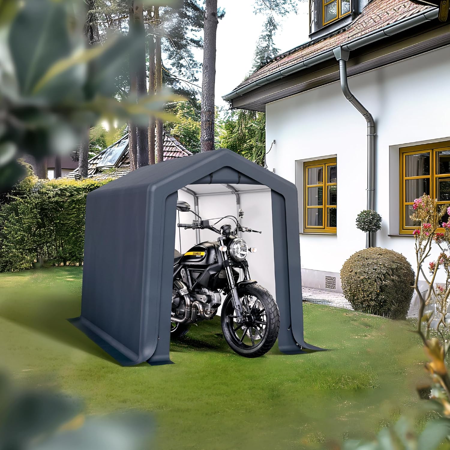 PHI VILLA 6x10ft Storage Shelter Shed, Portable Carports Outdoor Garage Canopy with Roll up Zipper Doors & Vents Waterproof UV Resistant Garages Tent for Cars,Boats,Tools, Motorcycle, Gray