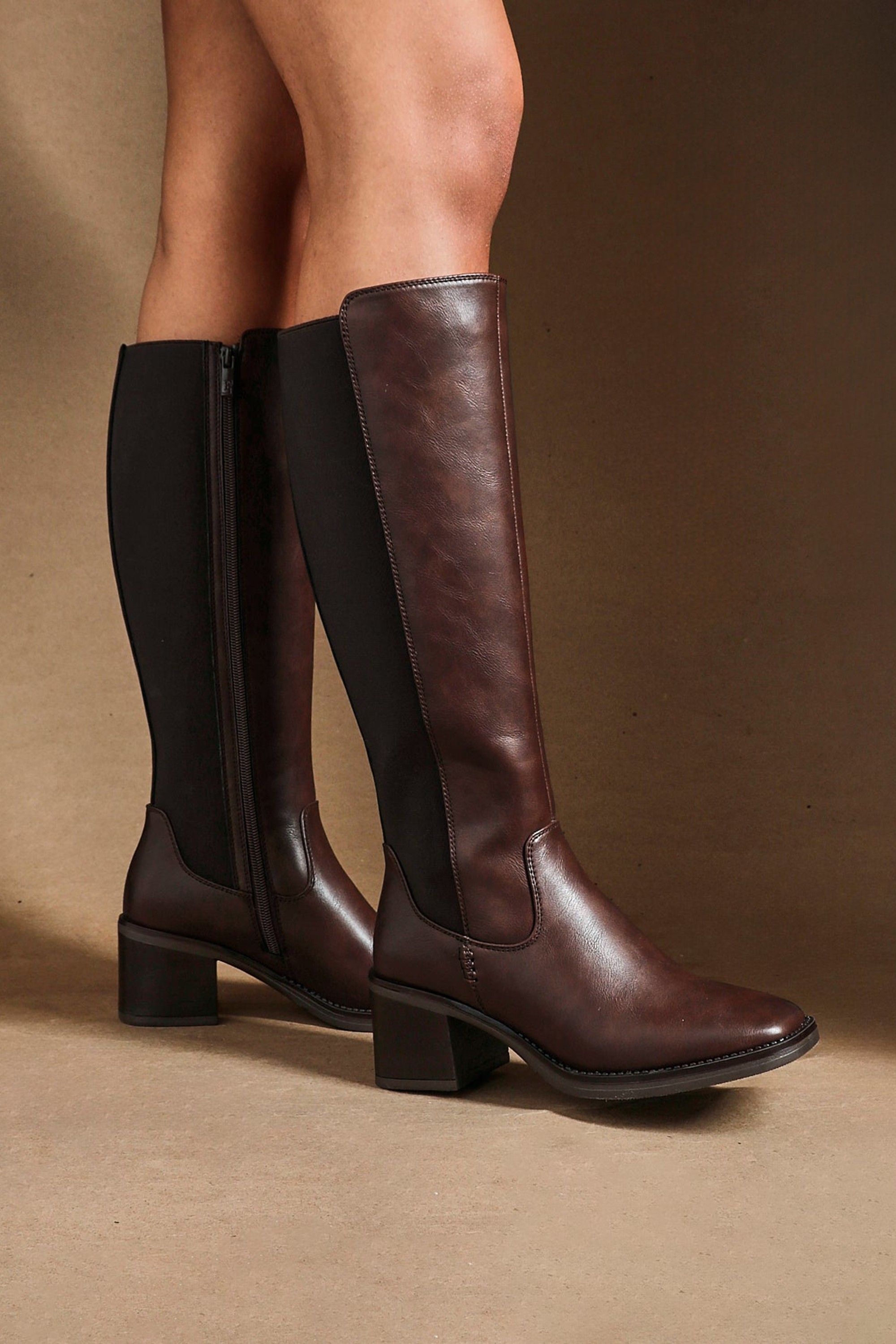 Linzi Reason Brown Faux Leather Block Heel High Leg Boot