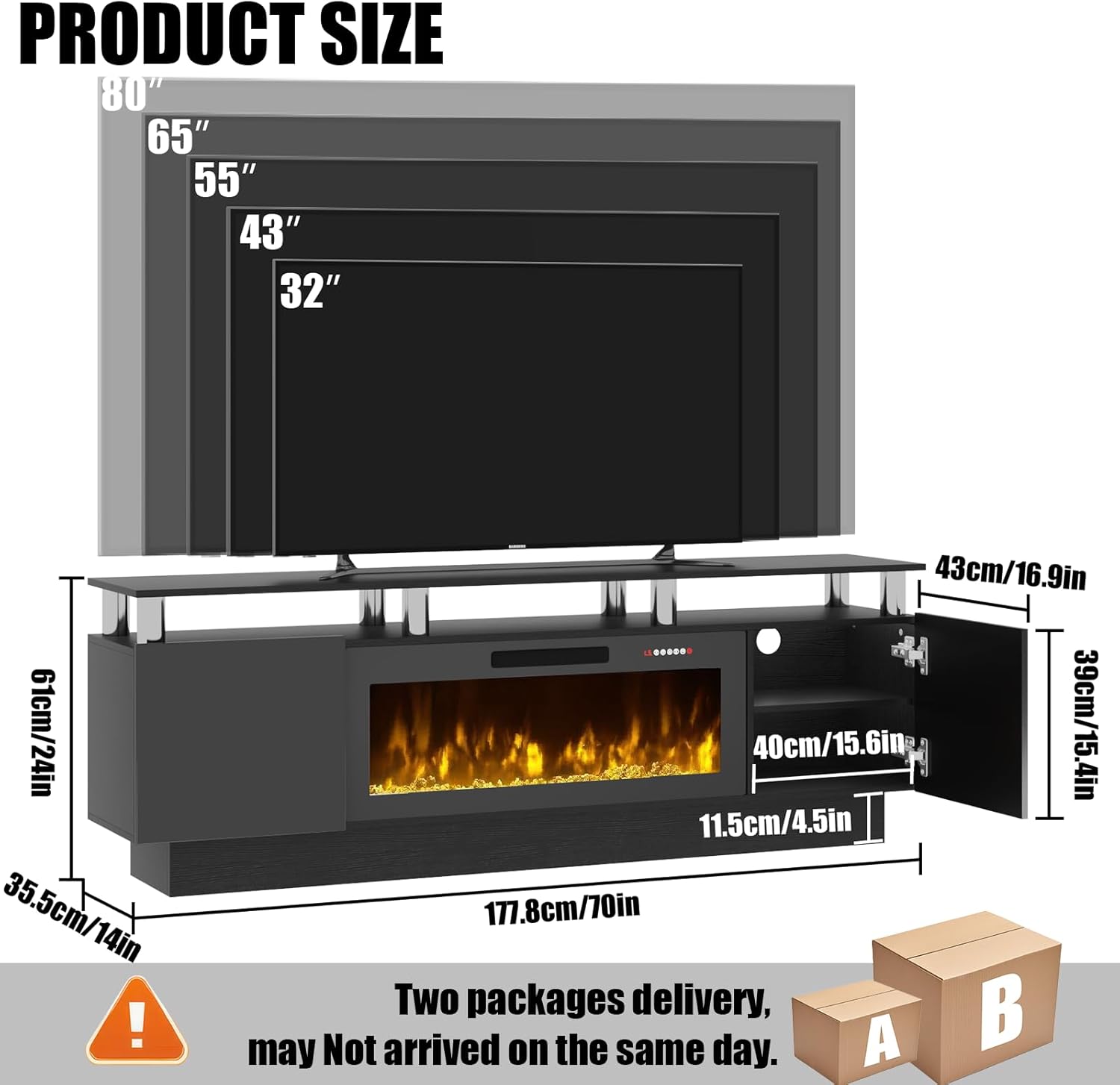 70 Modern Fireplace TV Stand with 36 Electric Fireplace for TVs Up to 80 inch, Luxury LED Light Entertainment Center with High Gloss Cabinet, TV Consoles for Living Room, Black