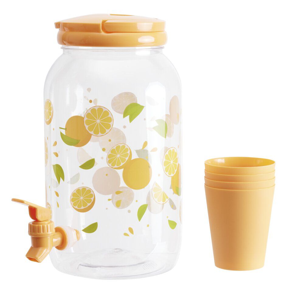 Distributeur boisson 3,8L plastique motif fruit avec 4 verres 480ml (2 modèles)