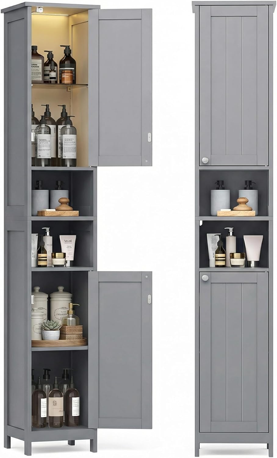 VASAGLE Tall Storage Cabinet with Lights, Slim Freestanding Cabinet with Adjustable Shelves, for Small Spaces, Bathroom, Living Room, Modern, 11.8 Inches Wide, Dove Gray UBBC566G02