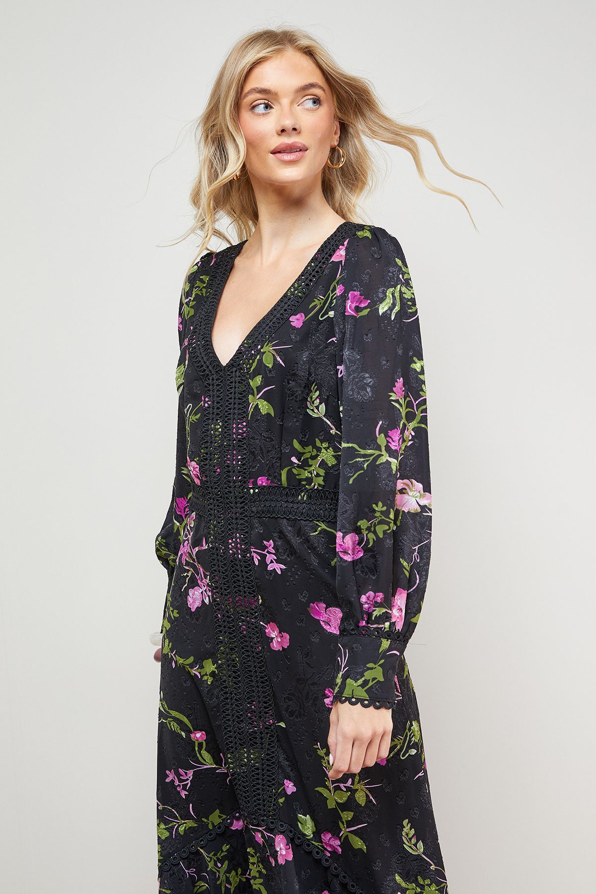 Oasis Printed Lace Trim Detail High Low Hem Midi Dress