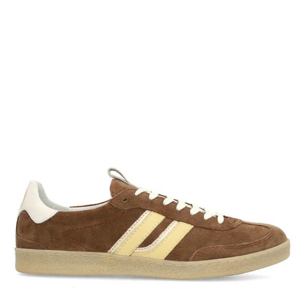 Bruine suède sneakers met gele details