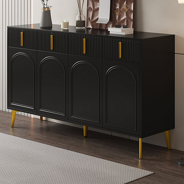 Buffet 140x37.8x82cm - avec 4 portes, 4 tiroirs, poignées et pieds dorés - stratifié amovible - NOIR