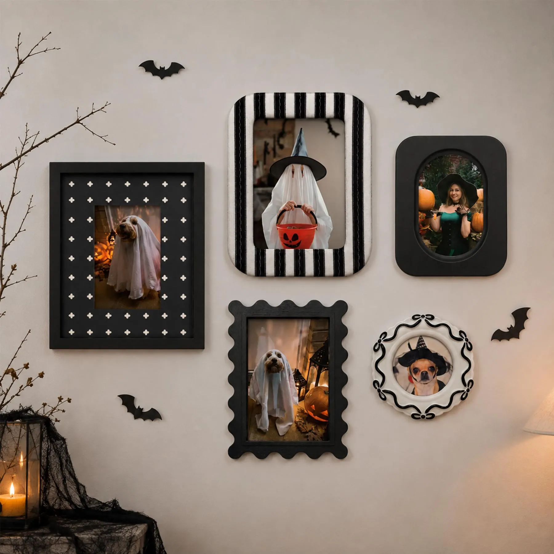 Halloween Picture Frame Set of 5 (4X4/4X6/5X7/7X9) , Vintage Spooky Gallery Wall Frames, Black Halloween Photo Frames