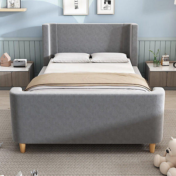 Lit Enfant - Lit Simple avec Design Traîneau et Revêtement Velours Motif Espace - Structure Métal et Bois Gris - 90 x 200 cm