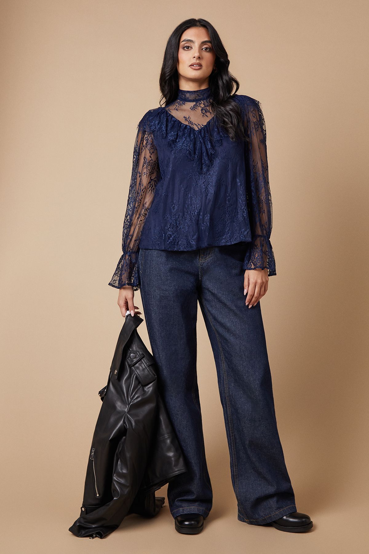 Oasis Lace Ruffle Neck Blouse