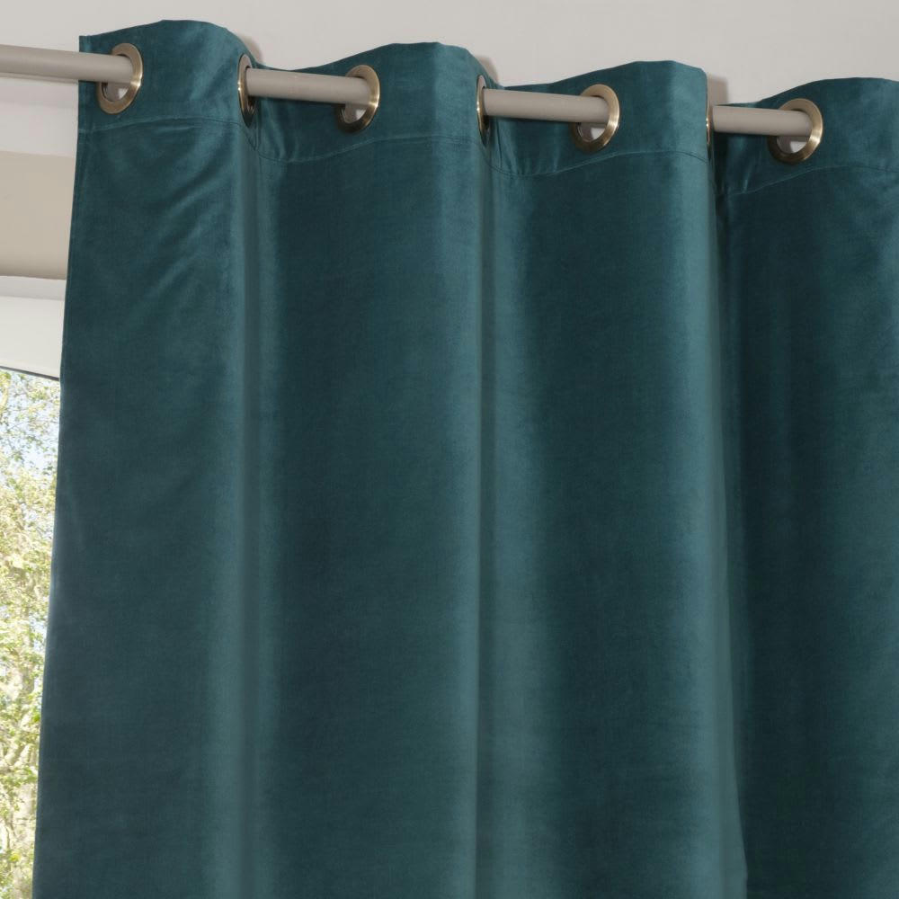 - Rideau à œillets en velours de coton bleu canard à l'unité 140x300