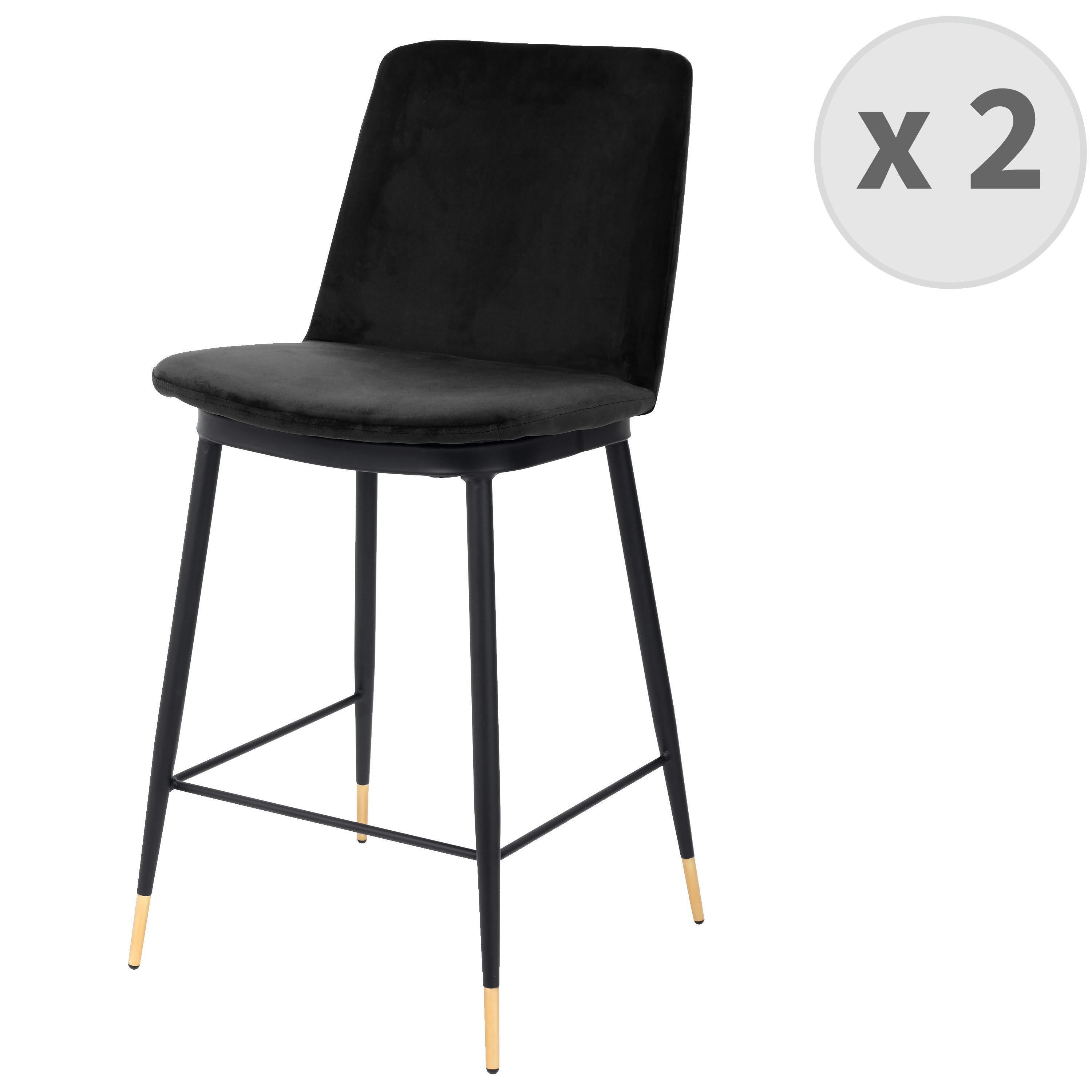 ENZO - Chaise de bar en velours Noir, métal noir et doré, (x2)