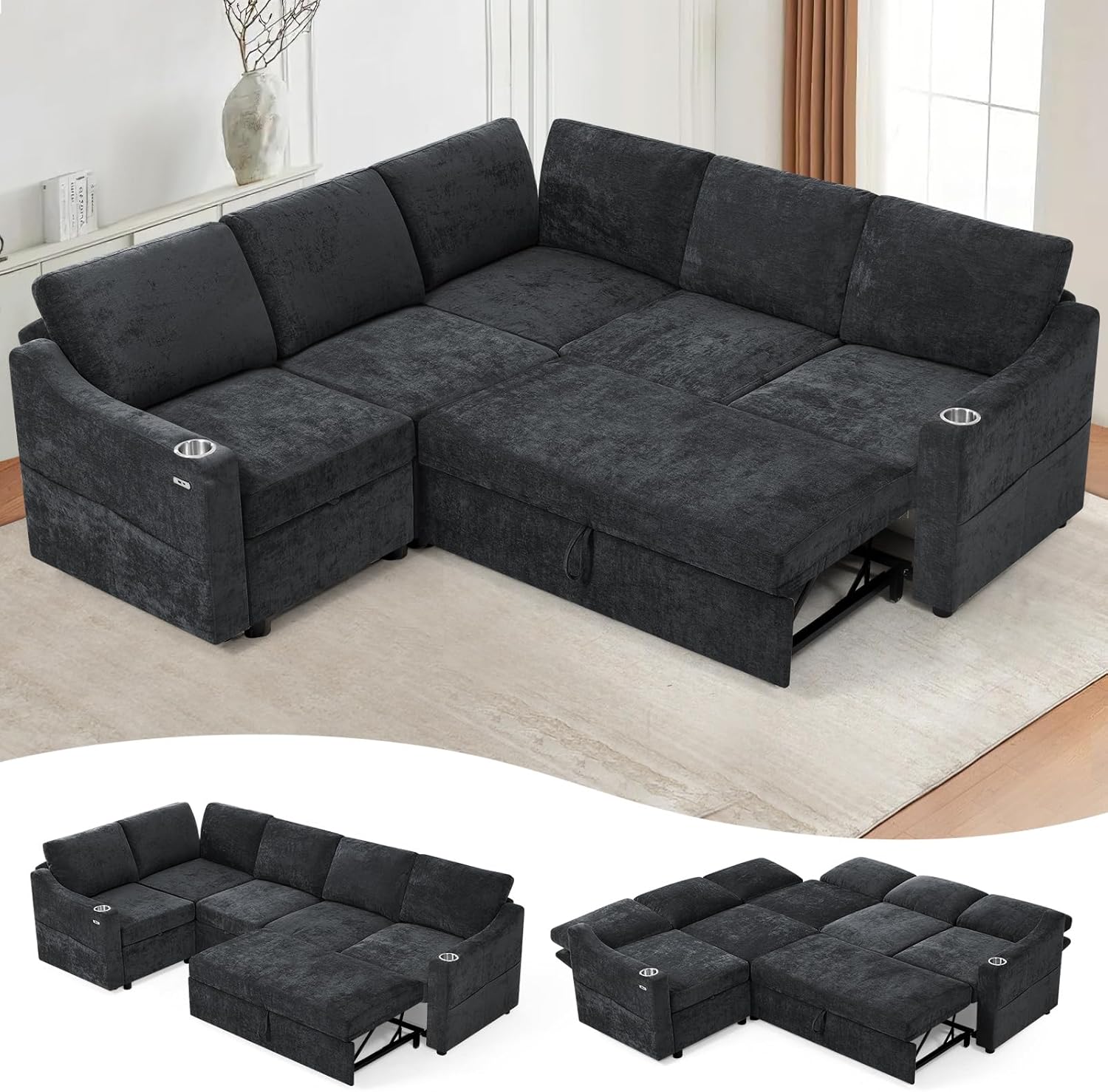 84 Chenille Modular Sleeper Sofa with Adjustable Backrests, Convertible Corner Sofa with USB Ports, L-Shape Sectional Couch with Pull-Out Bed & Storage Space for House, Living Room, Black