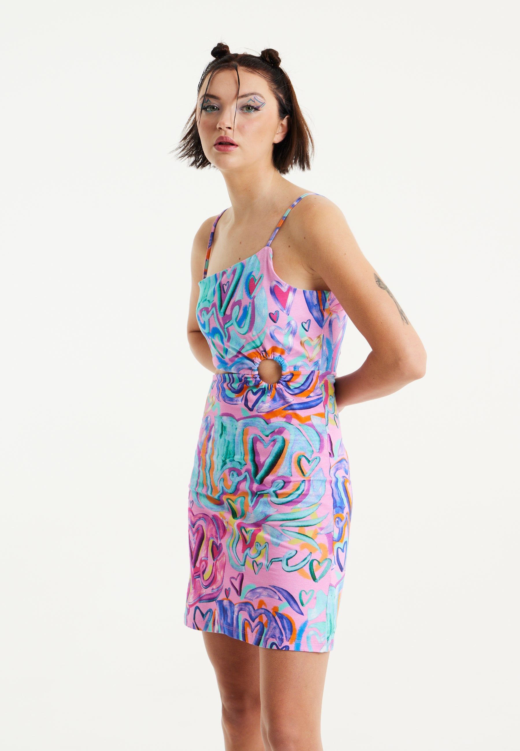 House of Holland Heart Printed Jersey Mini Dress With Cut Out Details in Pink