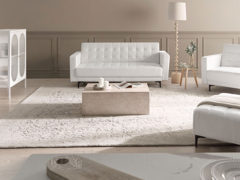 Modułowa sofa rozkładana 3-osobowa pikowana ekoskóra biała