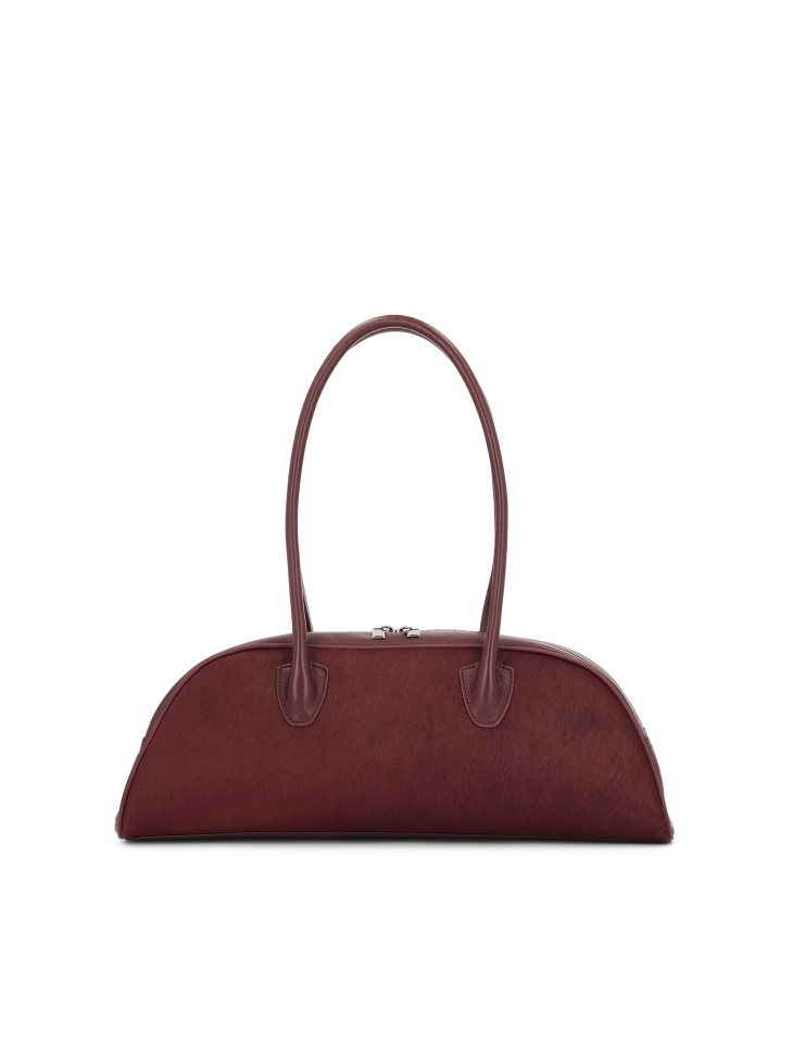 Maroon oblong shaped leather handbag with bristles