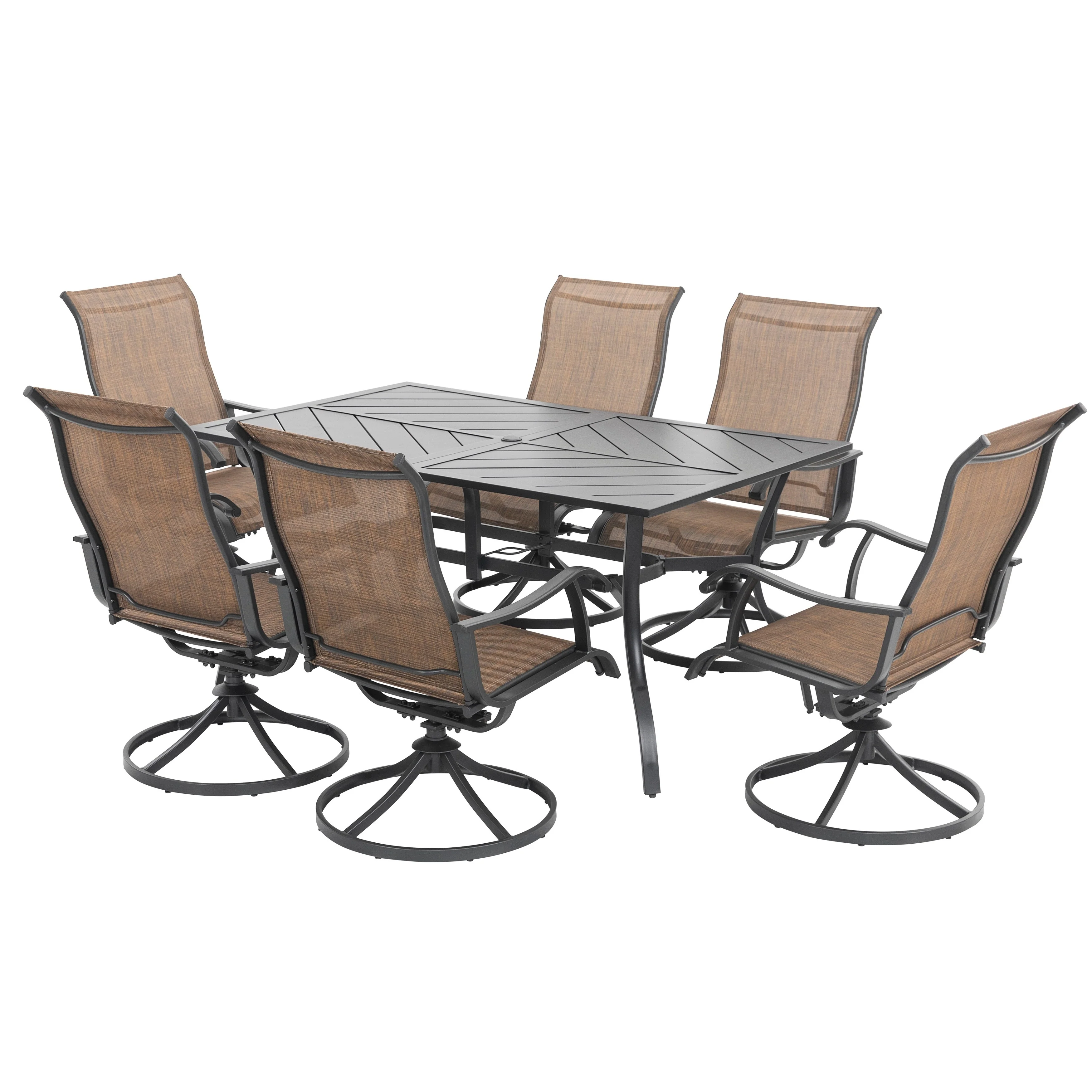 7-Piece Patio Iron Dining Set with Textilene Swivel Chairs, Brown and Black