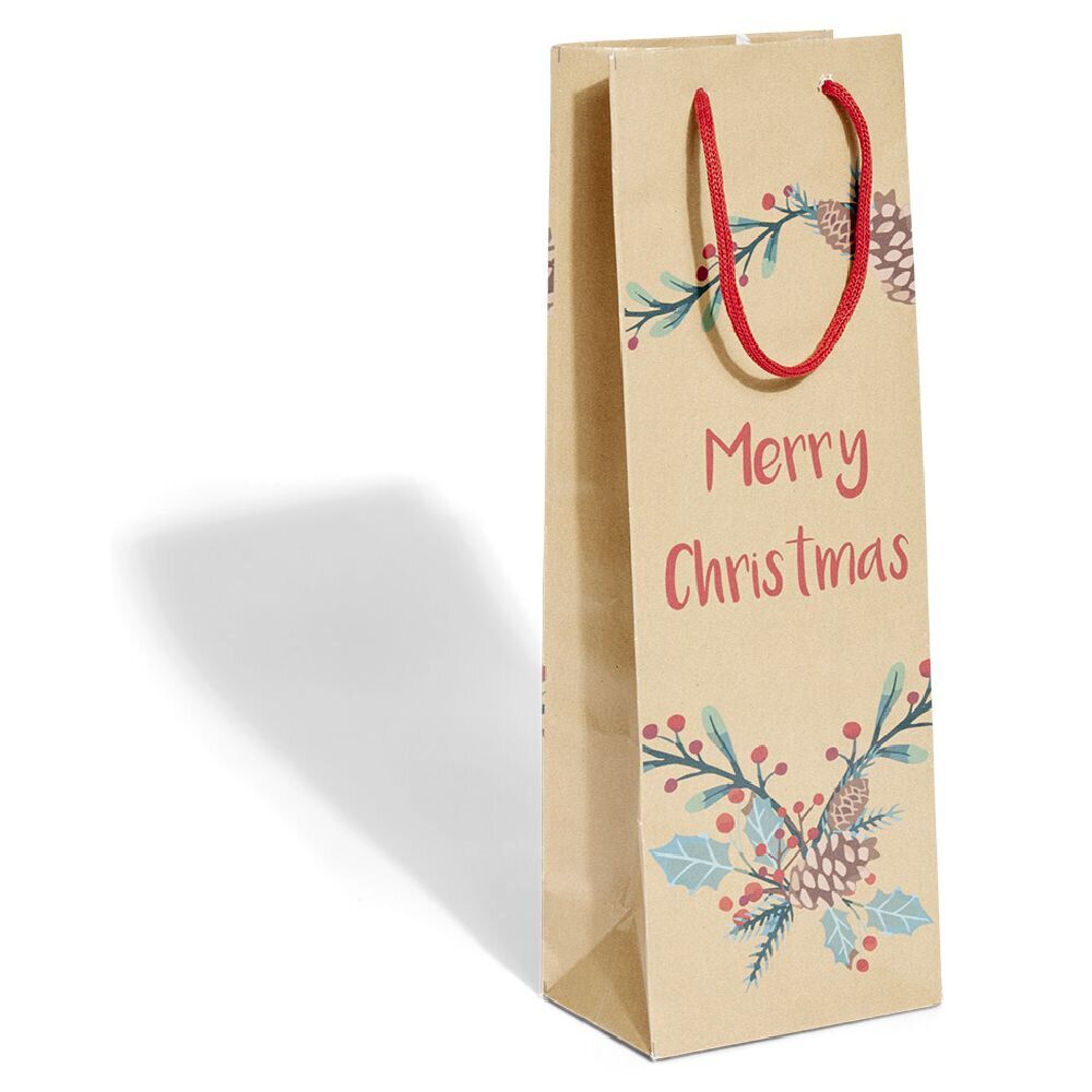 Sac bouteille No&euml;l papier recyclé marron 12x8,5xH35cm (3 modèles)