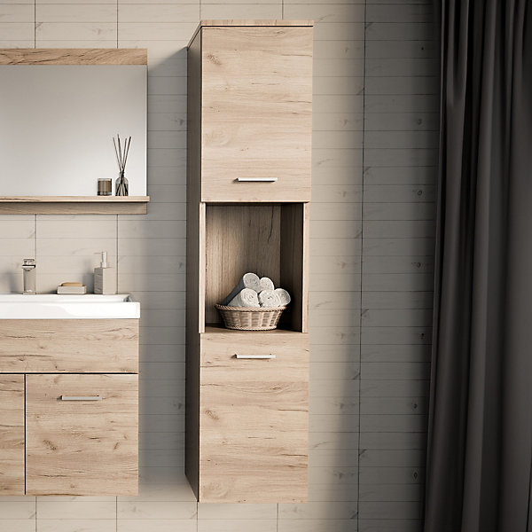 Meuble colonne de salle de bain suspendu Krildihana 131 x 30 x 30 cm effet chêne argent en.casa