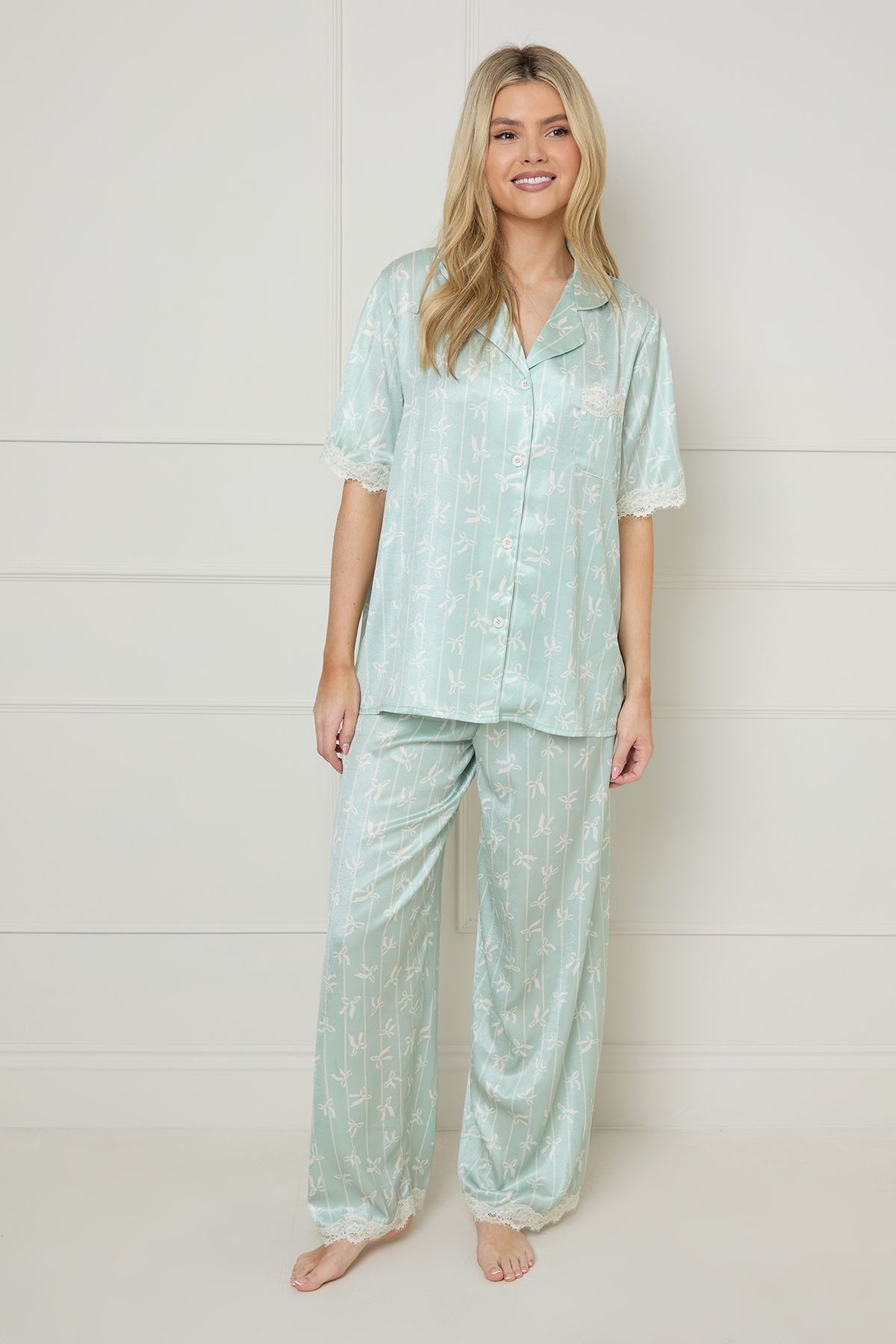 Oasis Sage Bows Lace Trim Nightwear Trouser Set