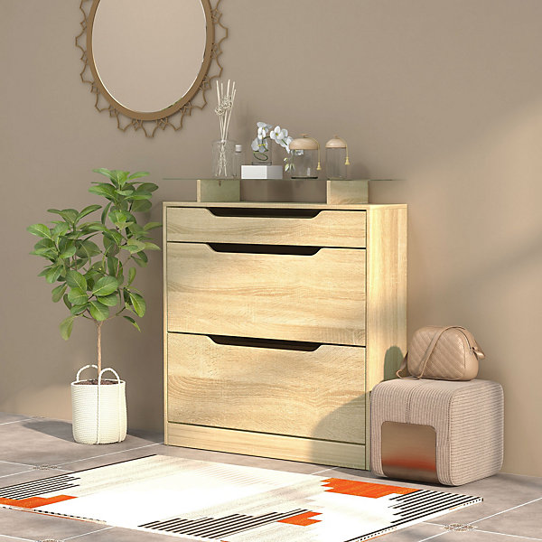 Armoire à chaussures - 2 tiroirs rabattables, tiroir coulissant, niche, étagère verre - effet bois
