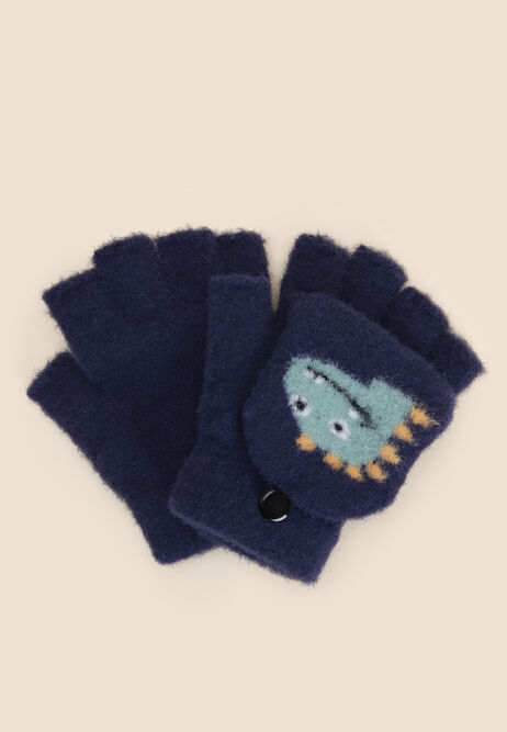 Younger Boys Navy Dino Knit Fliptop Gloves