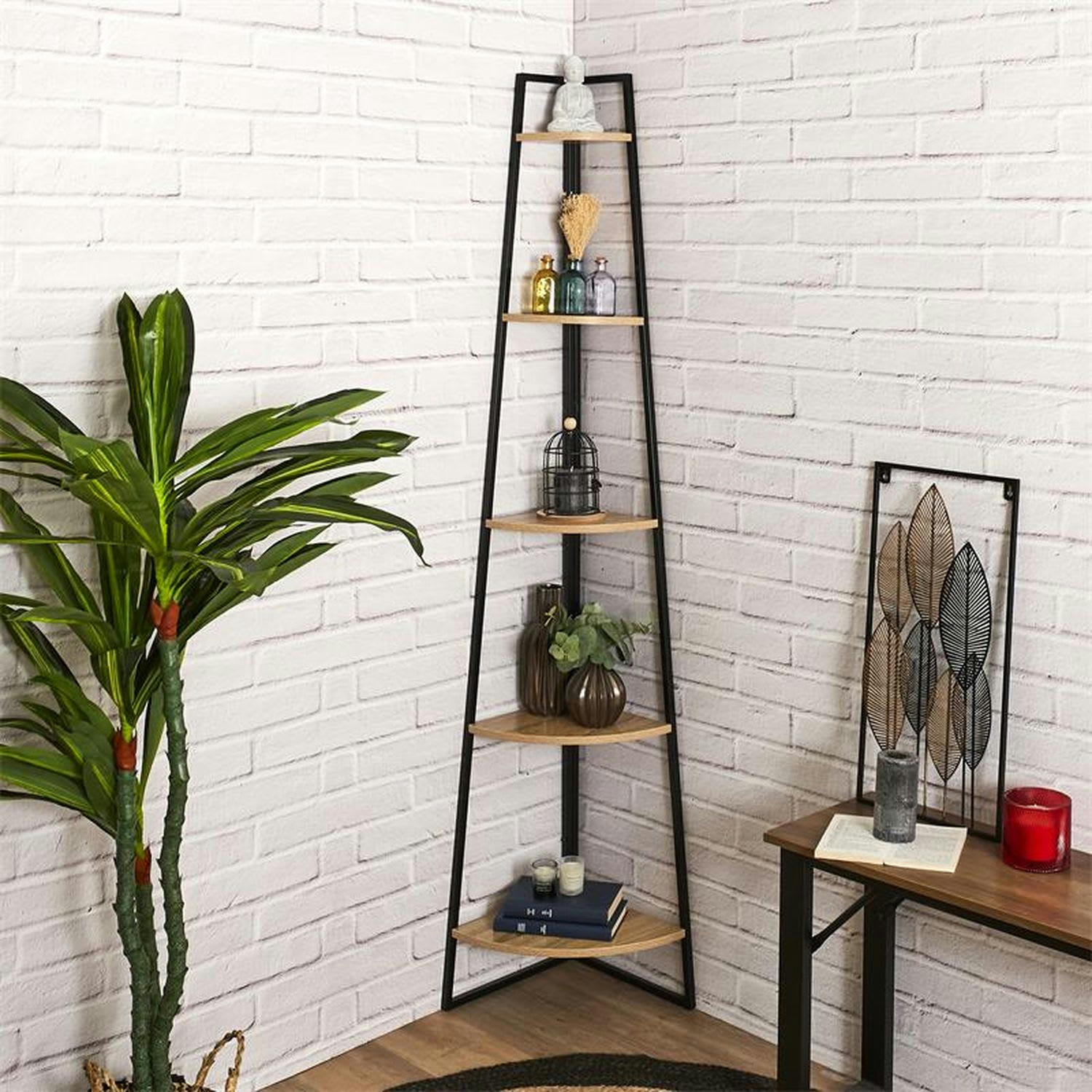 - Etagère d'angle 5 niveaux en mdf et métal noir