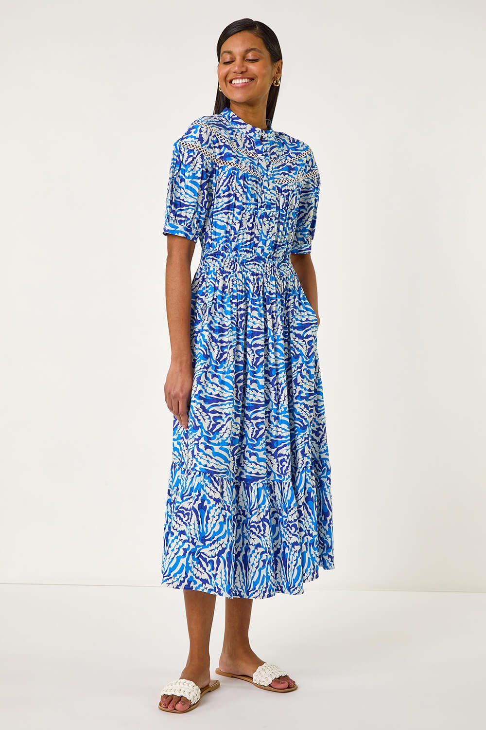 Roman Abstract Print Lace Trim Midi Dress