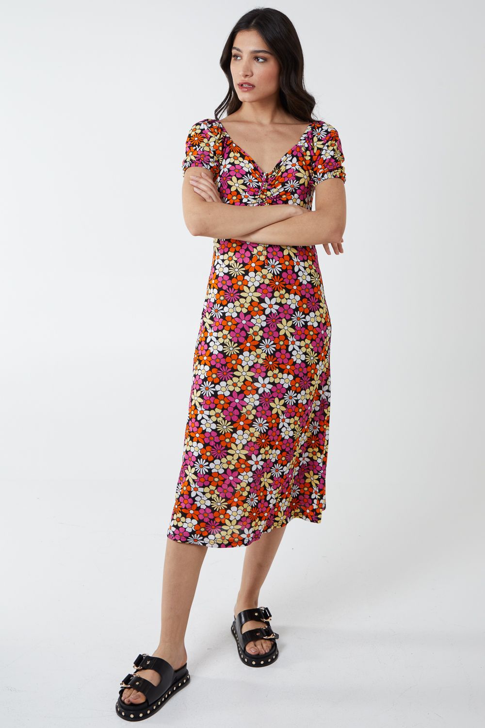 Blue Vanilla V Neck Ruched Milkmaid Midi Dress
